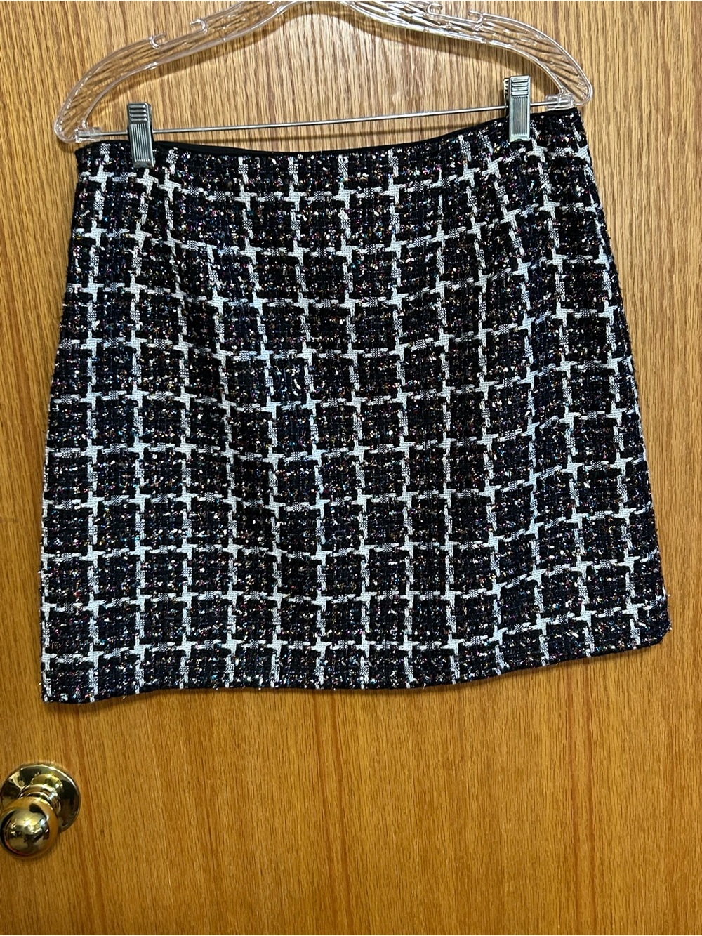 NWT LOFT Black White Shimmer Tweed Mini Shift Skirt Holiday Metallic Plaid sz 8